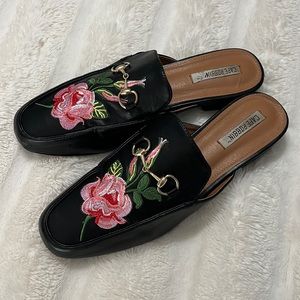Black floral flats with gold chain
